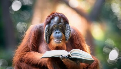 Fototapeta premium An orangutang reading a book, with a funny portrait of a wise man from the forest as he reads