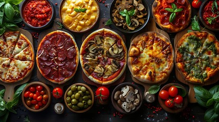 A visually stunning pizza collage featuring an assortment of pizzas with various crusts and toppings like mushrooms, pepperoni, and fresh basil, each served on rustic wooden boards and ceramic plates,