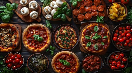 Fototapeta premium A visually stunning pizza collage featuring an assortment of pizzas with various crusts and toppings like mushrooms, pepperoni, and fresh basil, each served on rustic wooden boards and ceramic plates,