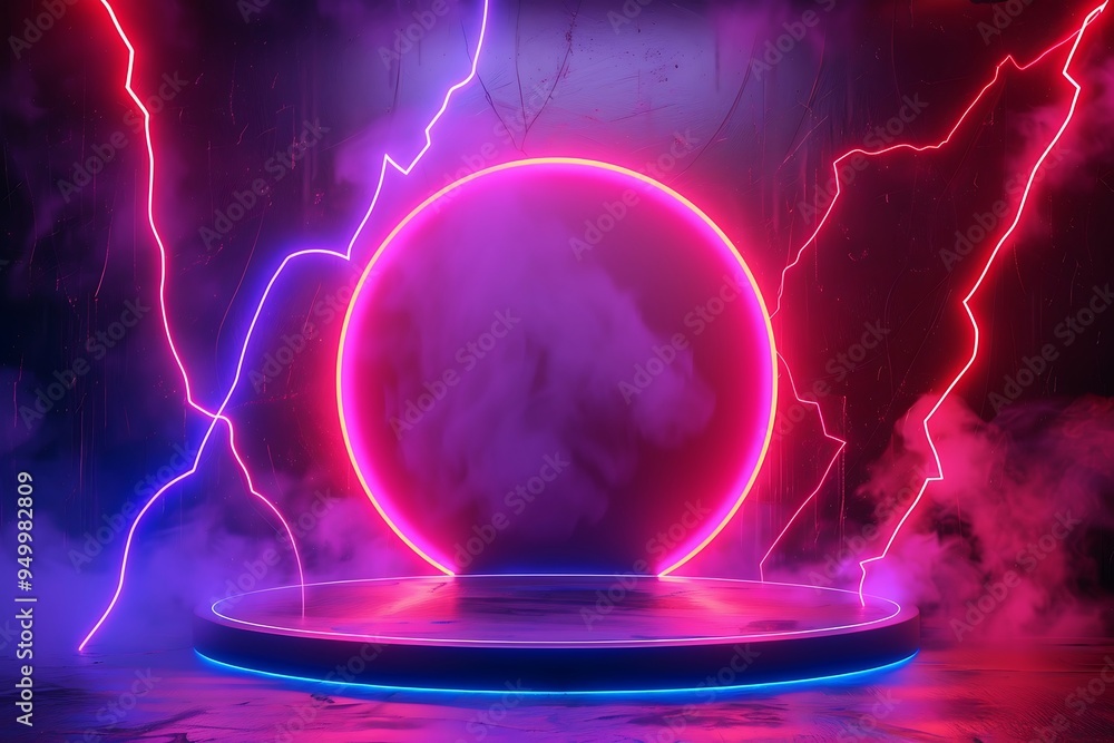 Poster abstract scene with neon lights and square podium. futuristic background for product presentation.