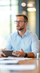 Fototapeta premium A corporate boardroom meeting with executives in smart-casual attire, engaged in a discussion, with one person presenting using a tablet, showcasing a modern and approachable business environment