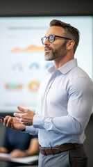 Obraz premium A corporate leader giving a presentation in front of a large screen displaying graphs and charts, with attentive colleagues taking notes, highlighting professionalism and expertise