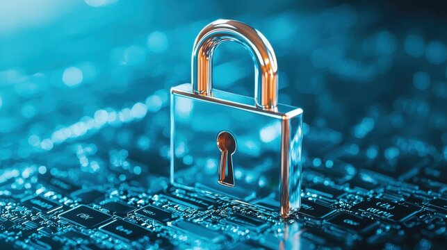 Cybersecurity Lock: A metallic padlock, gleaming under the cool blue light of a digital circuit board, symbolizes the strength and security of modern data protection.  