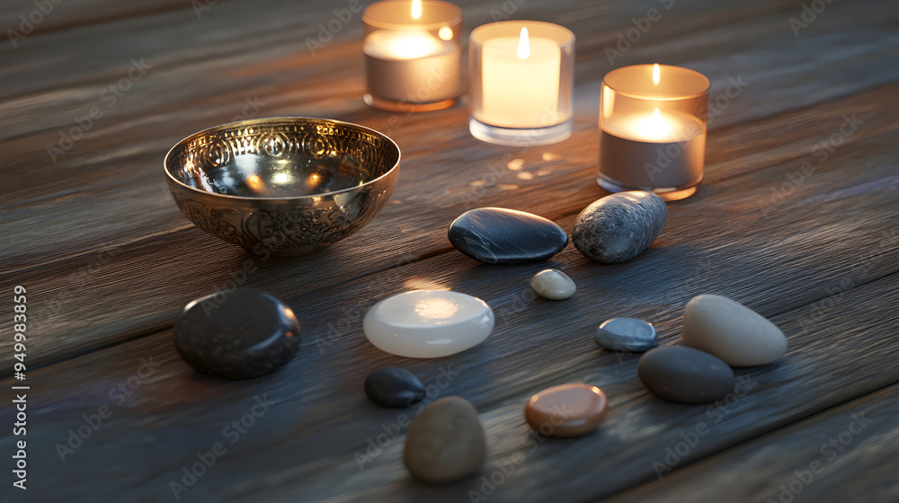 Aufkleber a collection of mindfulness objects arranged on wooden surface includes stones and candles creating 