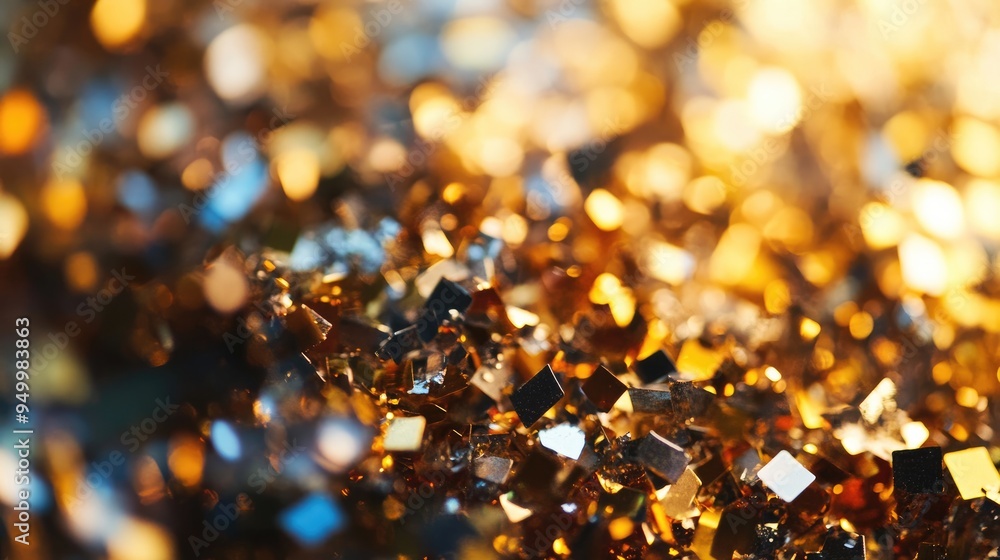 Poster a close-up of metallic confetti pieces catching the light, creating a sparkling effect.