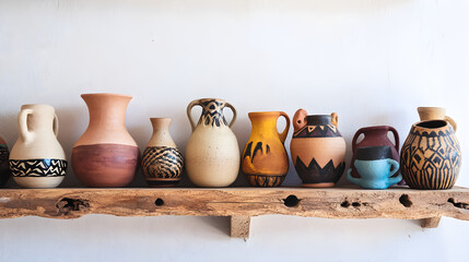 A collection of handcrafted pottery from latin american cultures displayed on a wooden shelf showcasing vibrant colors and intricate patterns