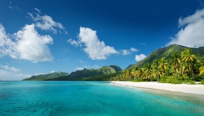 Beautiful background with Caribbean white sand beach, mountains, palm trees, and clean ocean water.