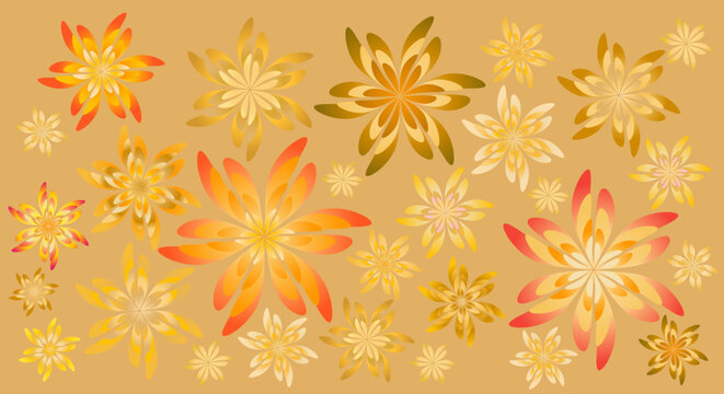Beautiful multi layers floral elements with gradient fill in orange background, vector floral background