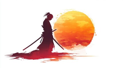 A serene silhouette of a samurai against a vibrant sunset, embodying courage and tranquility in a striking composition.