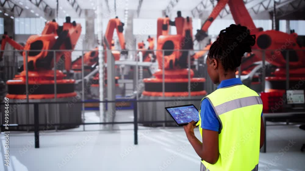 Wall mural worker in automotive car factory using tablet