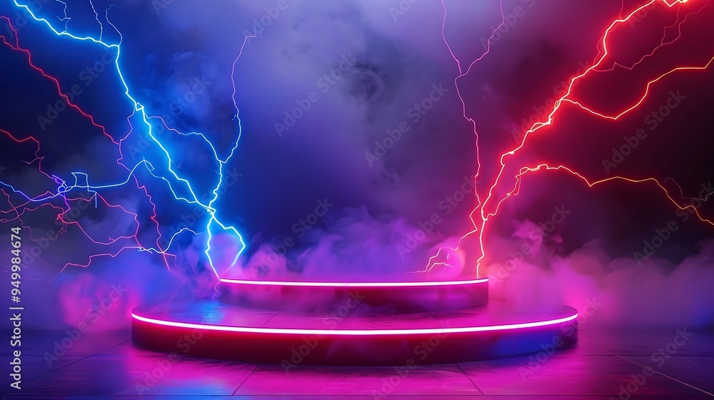 Poster abstract scene with neon lights and square podium. futuristic background for product presentation.