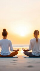 A couple meditating side by side on a peaceful beach at sunrise, sitting cross-legged on yoga mats, with the calm ocean in the background
