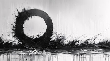 Fototapeta premium An abstract black and white painting featuring a large circular shape surrounded by dynamic splashes and waves of paint. The background is a gradient of light to dark