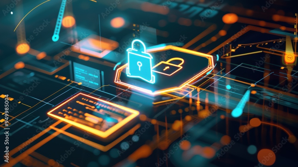 Poster futuristic digital padlock protecting data flowing on circuit board