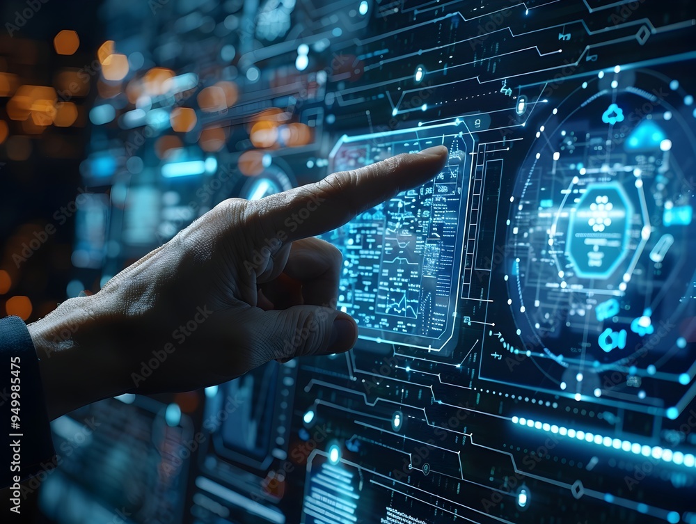 Poster cybersecurity expert employing sophisticated fraud detection system with holographic data interfaces