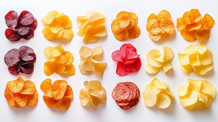 A row of potato chips with different colors and shapes