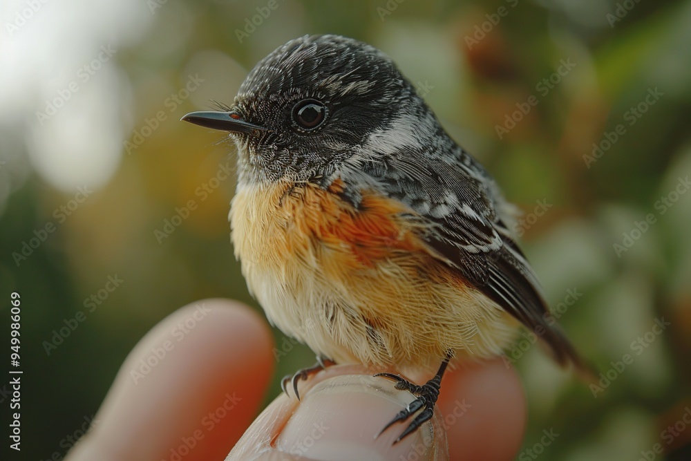 Poster close-up of a small bird perched on a human finger