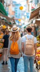 A couple strolling through a charming local market, engaging with vendors, sampling exotic fruits, and absorbing the vibrant atmosphere of a bustling destination