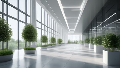 Design of a modern office building with an empty space, potted plants on a light background. 3D rendering.