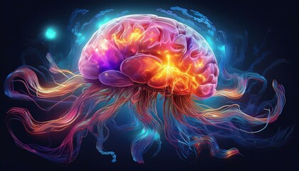 Obraz premium Digital illustration of a jellyfish-like brain against a dark background, symbolizing stock.