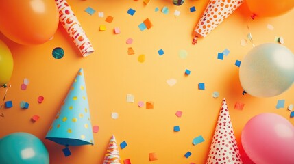 Fototapeta premium A festive flat lay of confetti, balloons, and party hats, set on a vibrant background.