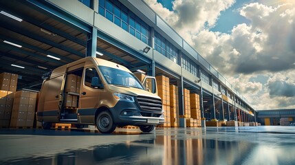 Efficient Courier Team Loading Boxes into Delivery Van at Warehouse on Sunny Day