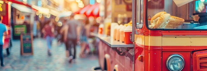 Obraz premium Red Food Truck in Busy Street