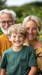 Fototapeta premium A cross-generational family in a garden, the children playing while the parents and grandparents smile at the camera, capturing the joy of togetherness