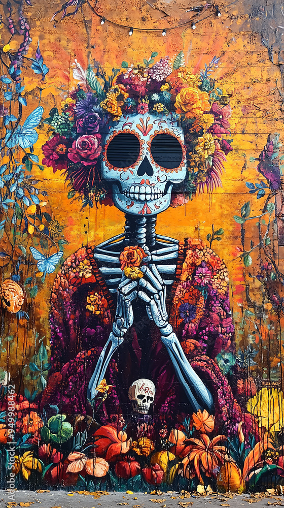 Sticker Vibrant Street Art Mural Depicting Day of the Dead Celebration  