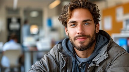 Obraz premium A young man with curly hair and blue eyes, wearing a gray hoodie and a jacket, smiling at the camera. The background is a modern workspace with blurred figures and bright lighting.