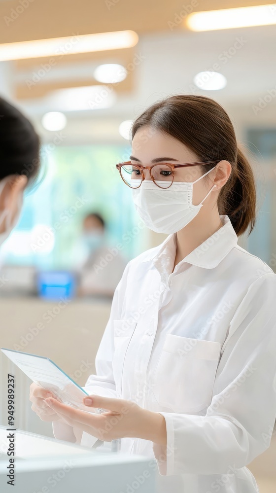 Poster a customer service representative assisting a client at a reception desk, with a plexiglass divider 