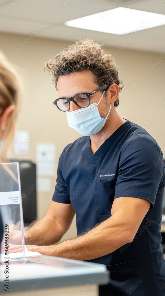 Poster a customer service representative assisting a client at a reception desk, with a plexiglass divider 