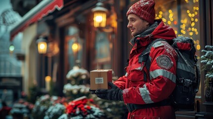Obraz premium Delivery Person in Red Uniform Handing Package to Customer at Front Door - Hyper-realistic Color Image
