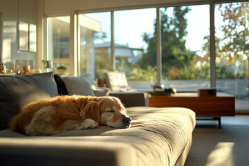 Golden retriever dog is taking a nap on a comfortable couch in a modern, sun-drenched living room, enjoying a peaceful moment at home