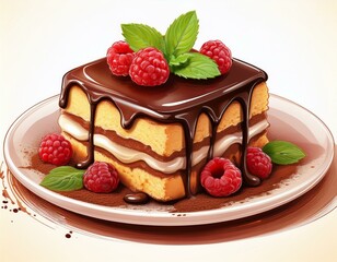 Illustration of a delicious slice of tiramisu with chocolate sauce ,Raspberry and fresh mint leaf - created with Generative AI technology