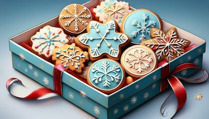 Illustration of a gift box filled with assorted iced snowflake Christmas cookies and wrapped with a festive ribbon created with Generative AI technology