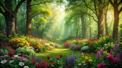 Obraz premium Lush green forest with colorful flowers blooming , Flora, plants, nature, foliage, garden, botany, outdoor, scenery