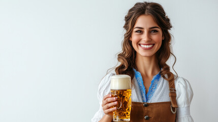 Smiling blonde woman in traditional dirndl, holding a large mug of beer, celebrating Oktoberfest with cheerful energy and Bavarian culture.
