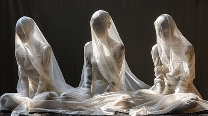 Three ethereal figures draped in sheer white fabric, sitting in a serene pose. The soft light creates a mystical atmosphere, highlighting the delicate textures of the fabric 