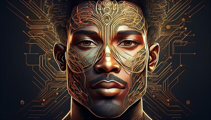 Illustration of a portrait of a man with intricate linework forming his features created with Generative AI technology