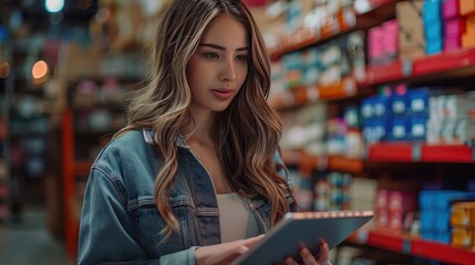 Innovative Female Vlogger Showcasing Products in Live E-Commerce Sale with Digital Tablet and Colorful Inventory Background