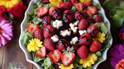 Overhead shot of vibrant summer salad with mixed greens strawberries goat cheese and a balsamic glaze