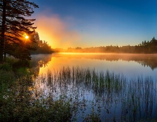 Fototapeta premium In the early morning mist, glowing sun and calm waters of the lake, a glorious sunrise is seen on a lake.