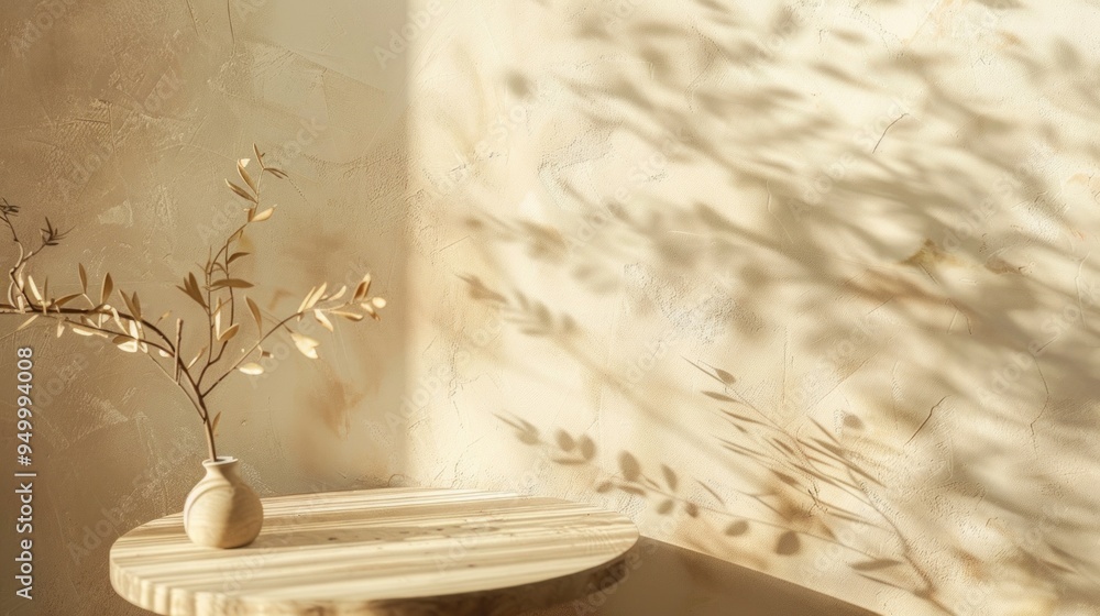 Poster a vase with a leafy plant in it sits on a round table in front of a wall