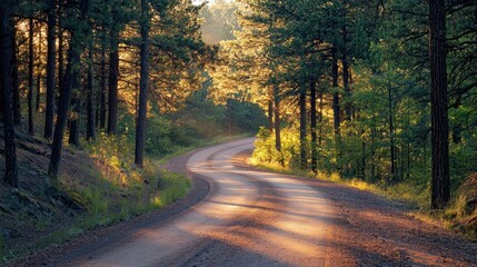 Obraz premium Serene Forest Road Bathed in Sunlight Filtering Through Pine Trees, Tranquil Nature Scenery