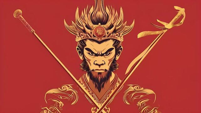 Illustration of a fierce male Monkey King with golden features and weapons on a vibrant red background.