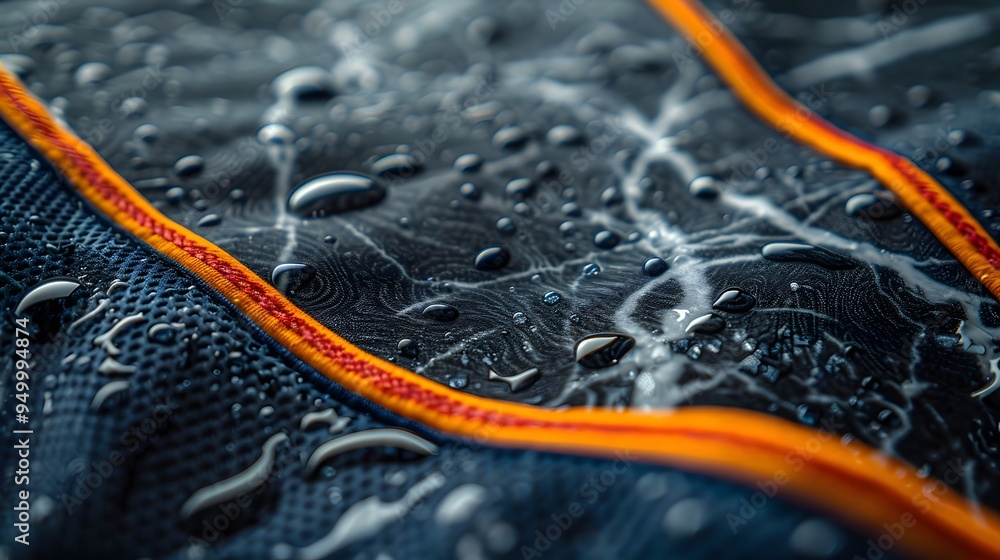Poster a close up of a wet jacket with a red stripe