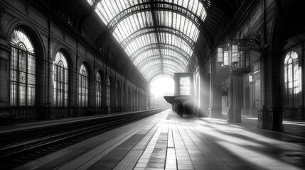 Obraz premium Elegant Vintage Railway Station: A Solitary Journey Through Time, Gray-Scale Elegance in Abandoned Tracks and Platforms Reflecting History and Nostalgia