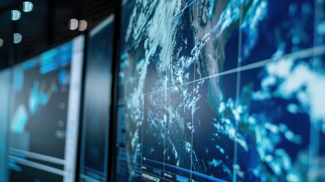 Meteorology center showing weather forecast on multiple screens - Powered by Adobe