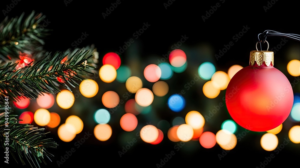 Poster close-up view of christmas lights on a tree, capturing vibrant red bulbs and colorful bokeh for a fe